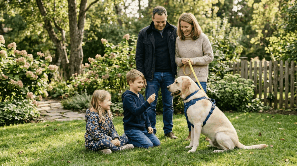 Family training labrador for calm behavior together at home