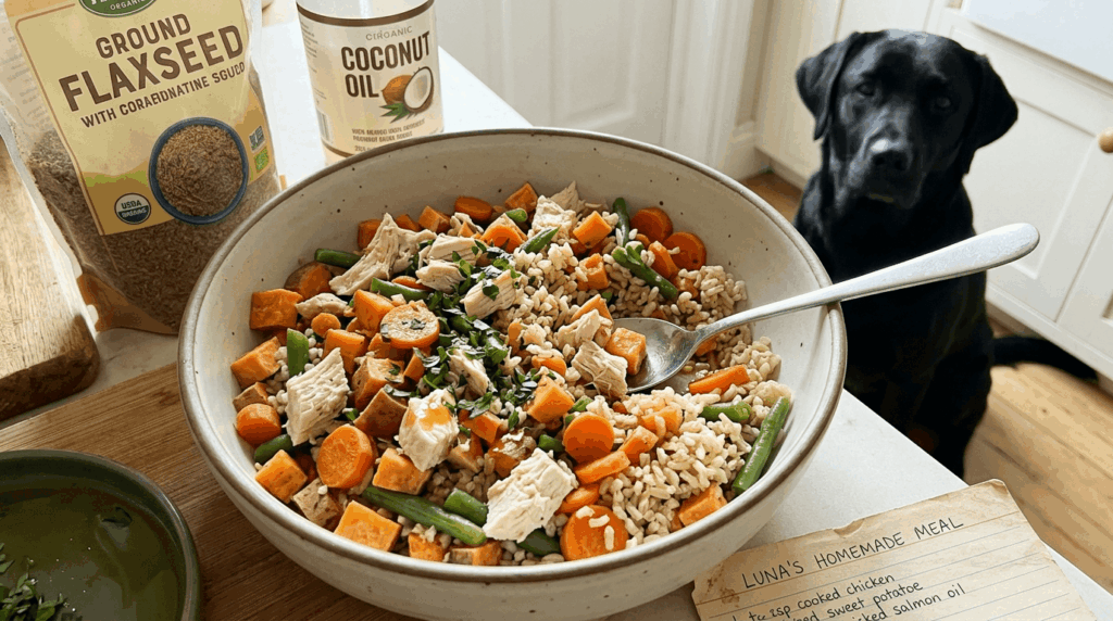 Homemade dog food preparation with fresh ingredients for labrador