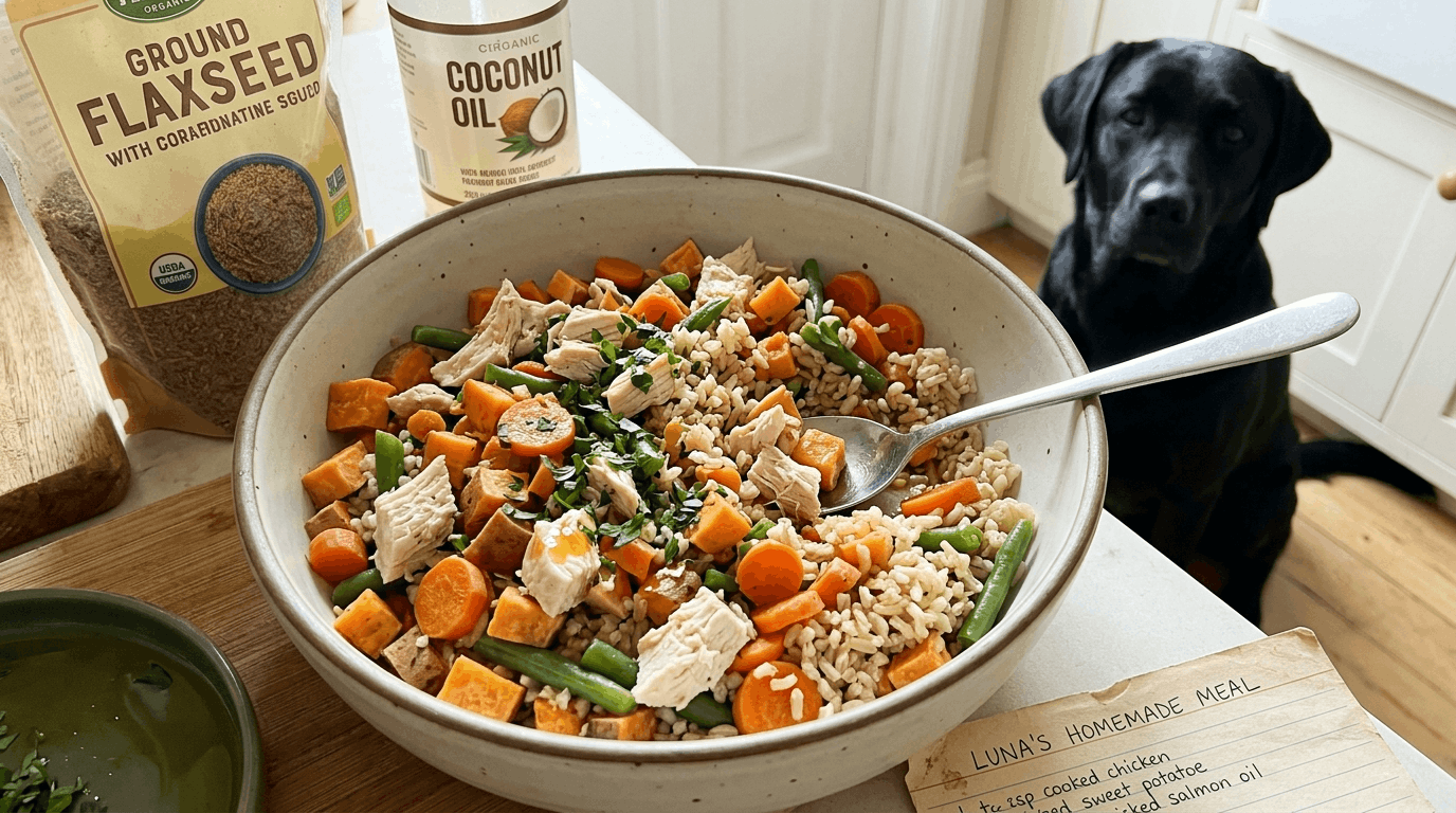 Homemade dog food preparation with fresh ingredients for labrador