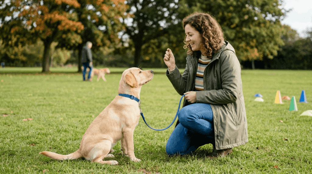 Labrador retriever training and obedience education session.