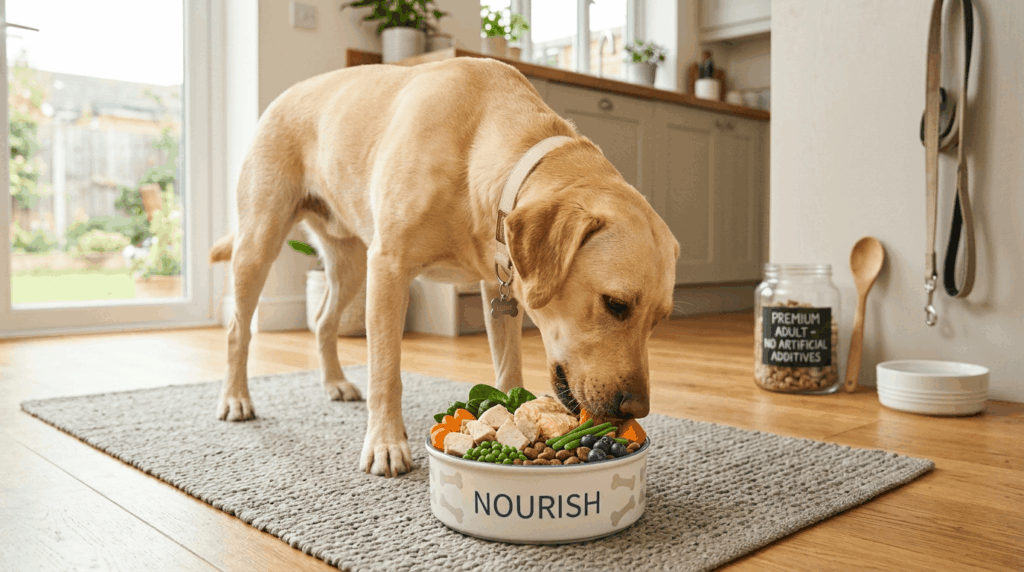 Clean nutrition for Labradors featuring healthy diet with natural ingredients and no artificial additives.