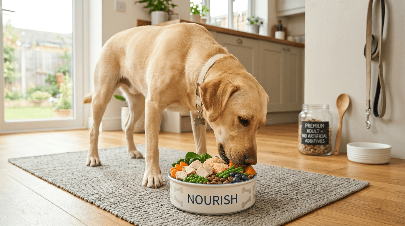 Clean nutrition for Labradors featuring healthy diet with natural ingredients and no artificial additives.