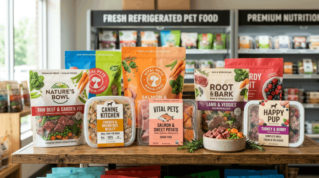 Fresh dog food brands featuring premium refrigerated pet food with wholesome natural ingredients.
