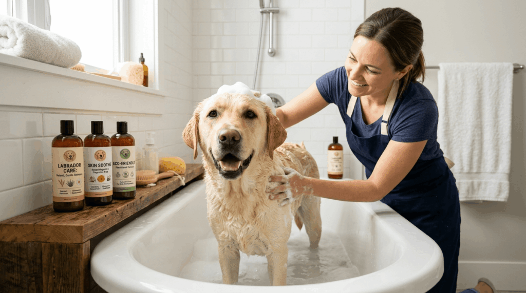 Safe Labrador shampoo featuring gentle hypoallergenic formulas with pet-safe natural ingredients for sensitive skin.