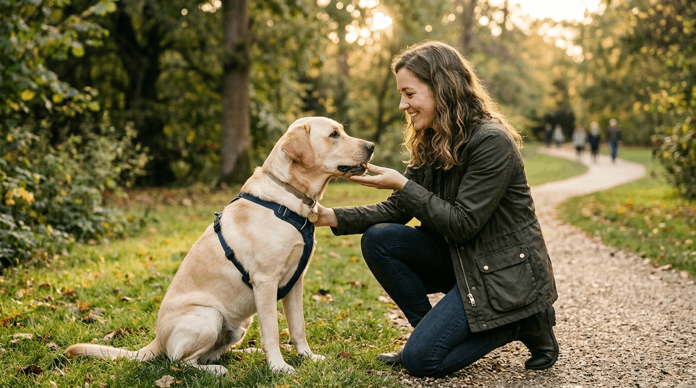 Trust-based Labrador training featuring relationship building through compassionate reward-based approach and strong owner-dog connection.