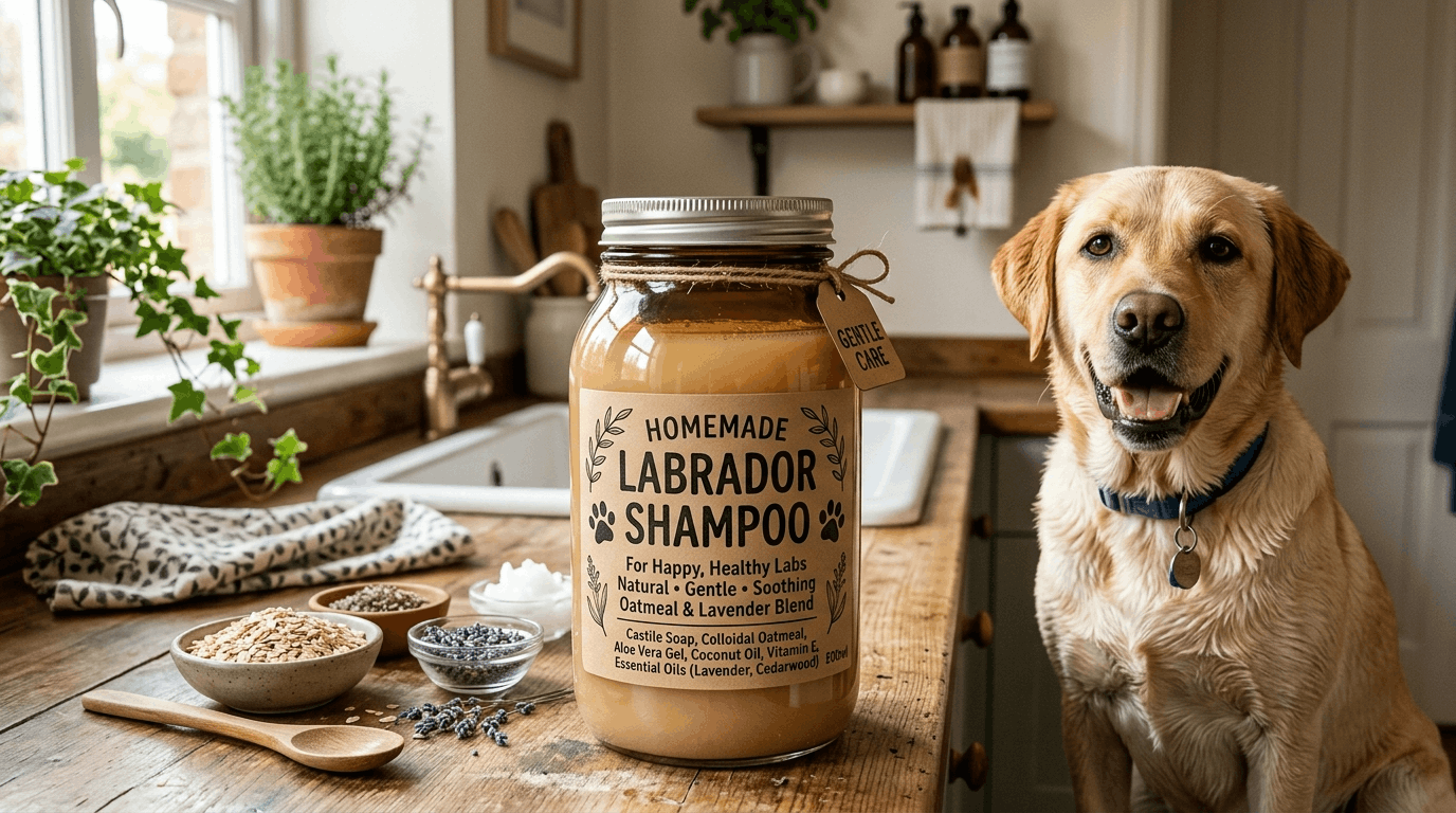 Homemade Labrador shampoo featuring DIY natural ingredients for gentle dog grooming.