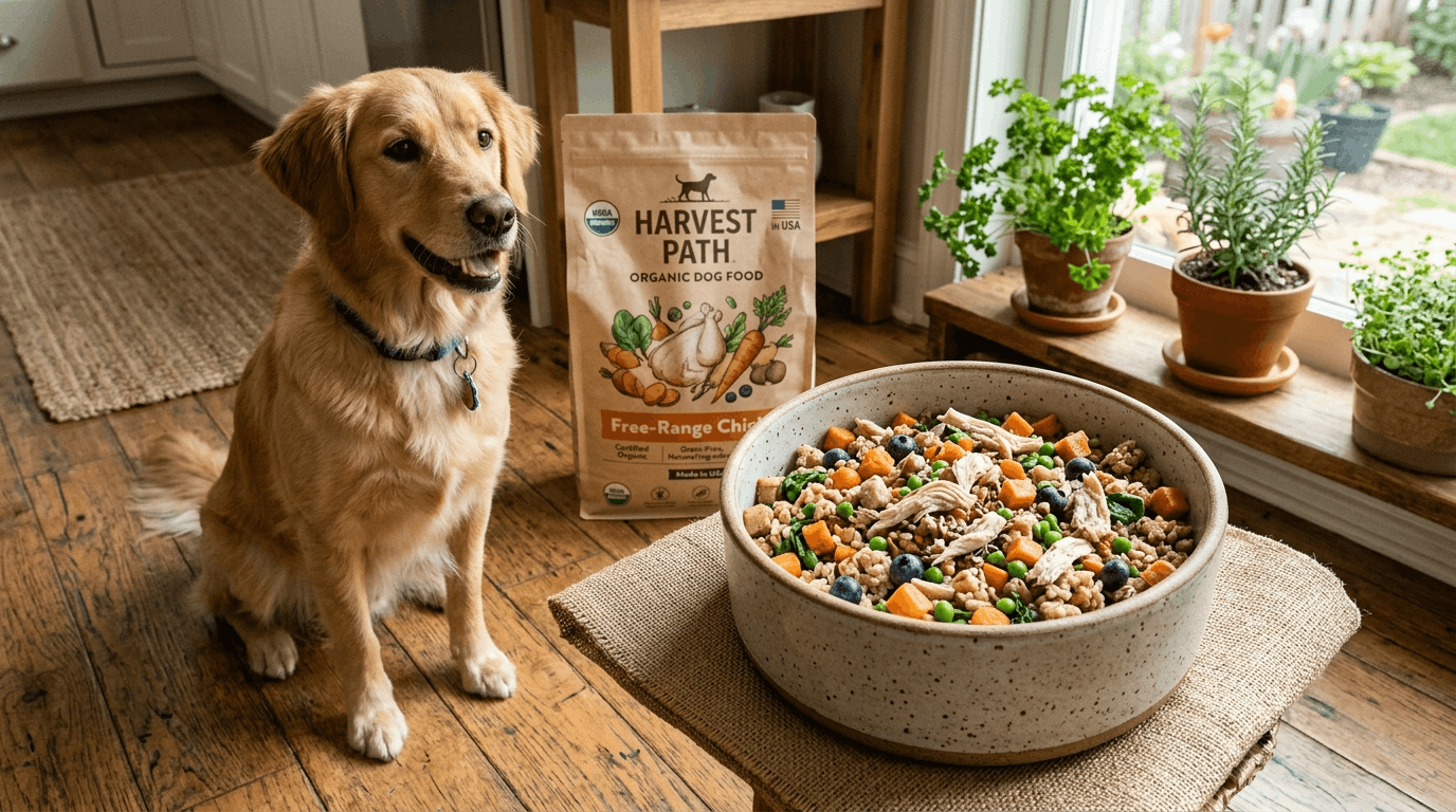 Organic dog food featuring certified organic natural ingredients and wholesome nutrition.