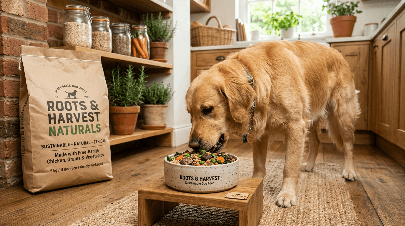 Sustainable natural dog food featuring eco-friendly wholesome ingredients and environmentally responsible pet nutrition.