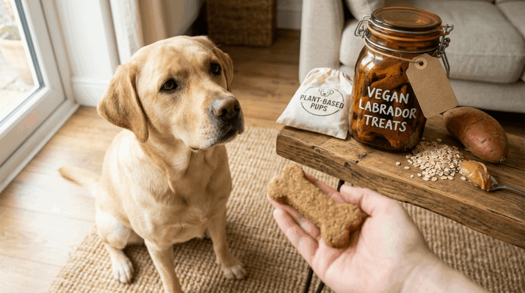 Vegan Labrador treats featuring plant-based natural dog snacks without animal products.