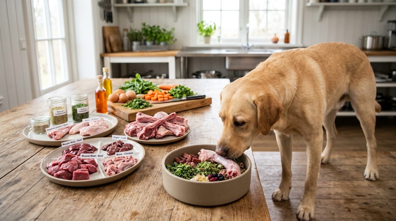 Raw Labrador diet with fresh meat bones vegetables and natural BARF nutrition