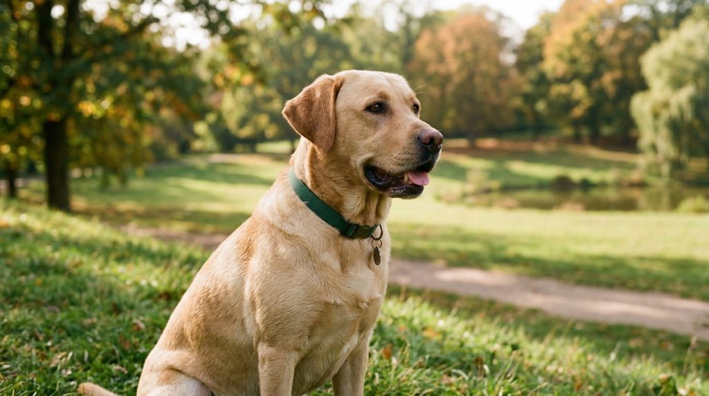 A friendly golden Labrador Retriever dog sitting outdoors with a happy expression