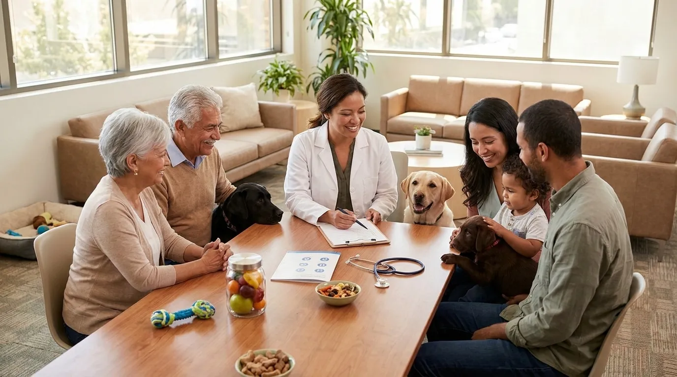 Labrador Healthcare: Diverse family with their Labradors and puppy consults a vet for a preventive health checklist.