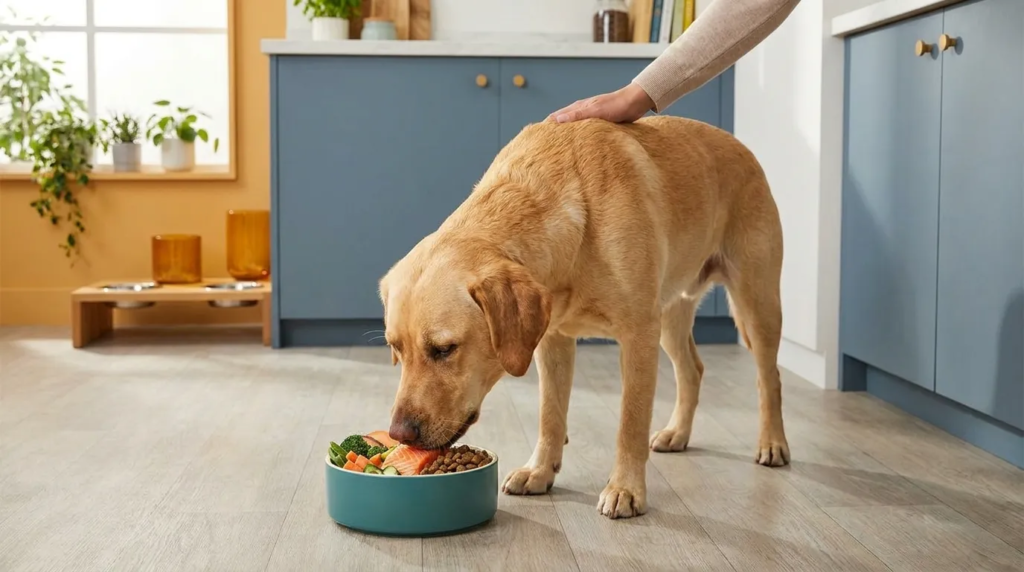 Labrador Healthcare: A golden Labrador dog eats a healthy meal of kibble, salmon, and vegetables, illustrating the best diet