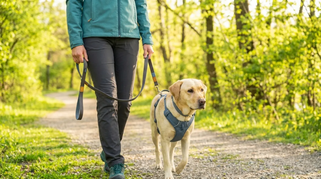 Labrador Healthcare: A person walks a yellow Labrador Retriever on a leash and harness on a sunny path, demonstrating no leas