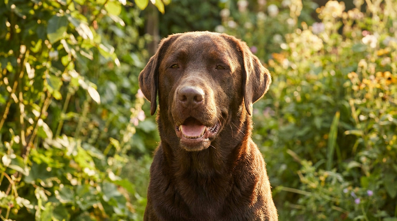 Chocolate Labrador in a garden, illustrating chocolate Labrador lifespan research
