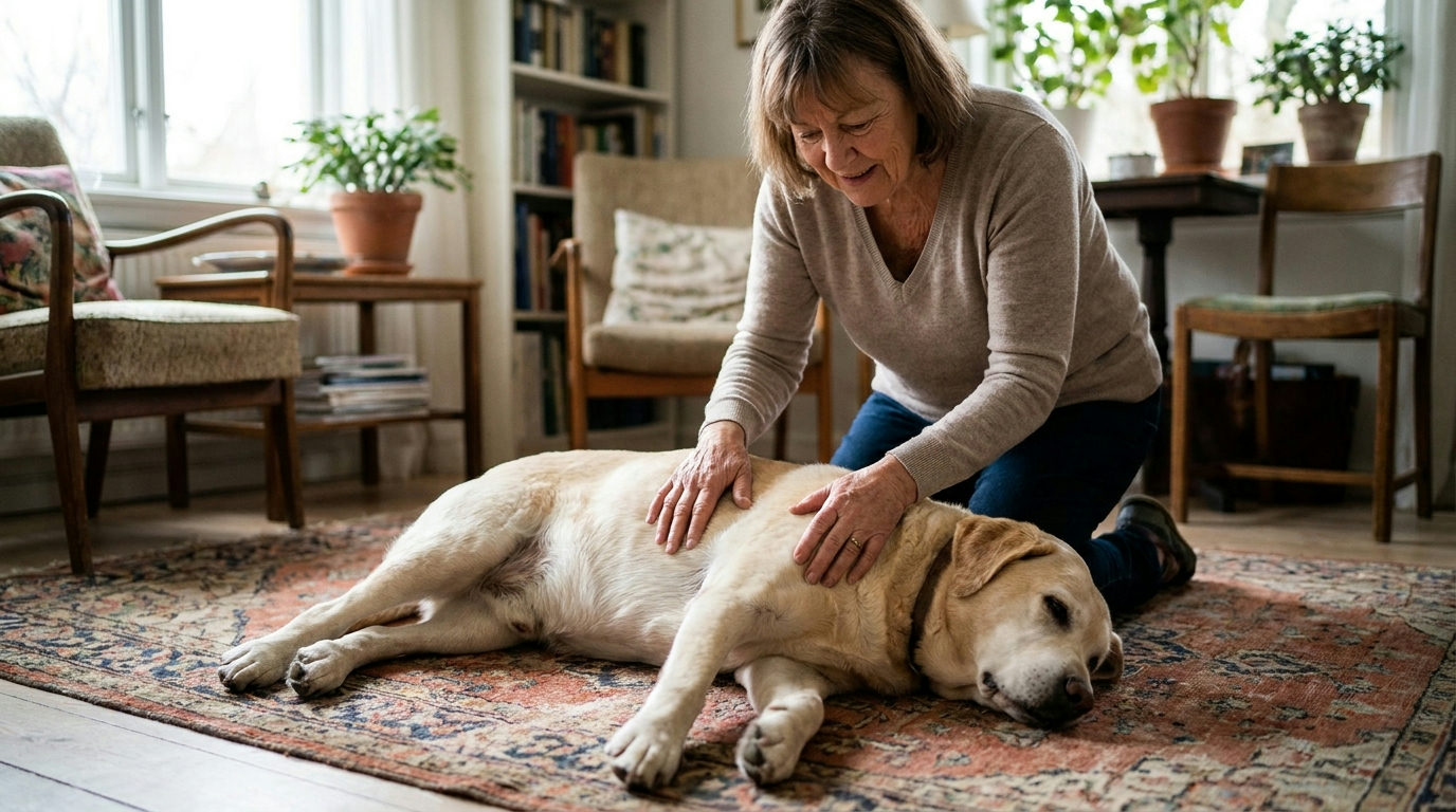 Owner checking a relaxed senior yellow Labrador for lumps, illustrating fatty lumps on Labradors