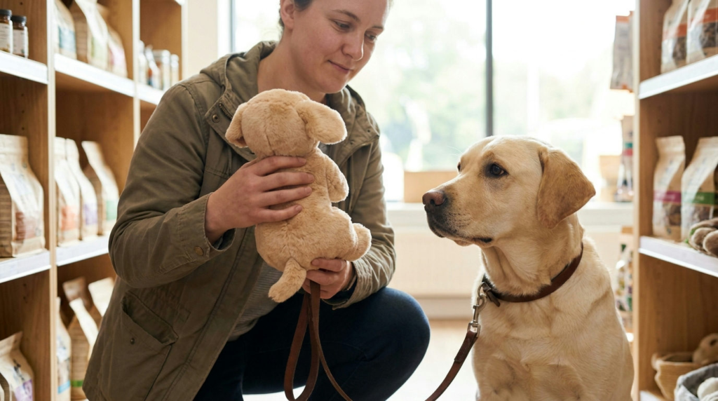 Shopper reading a dog toy label beside a yellow Labrador, illustrating greenwashing in pet products