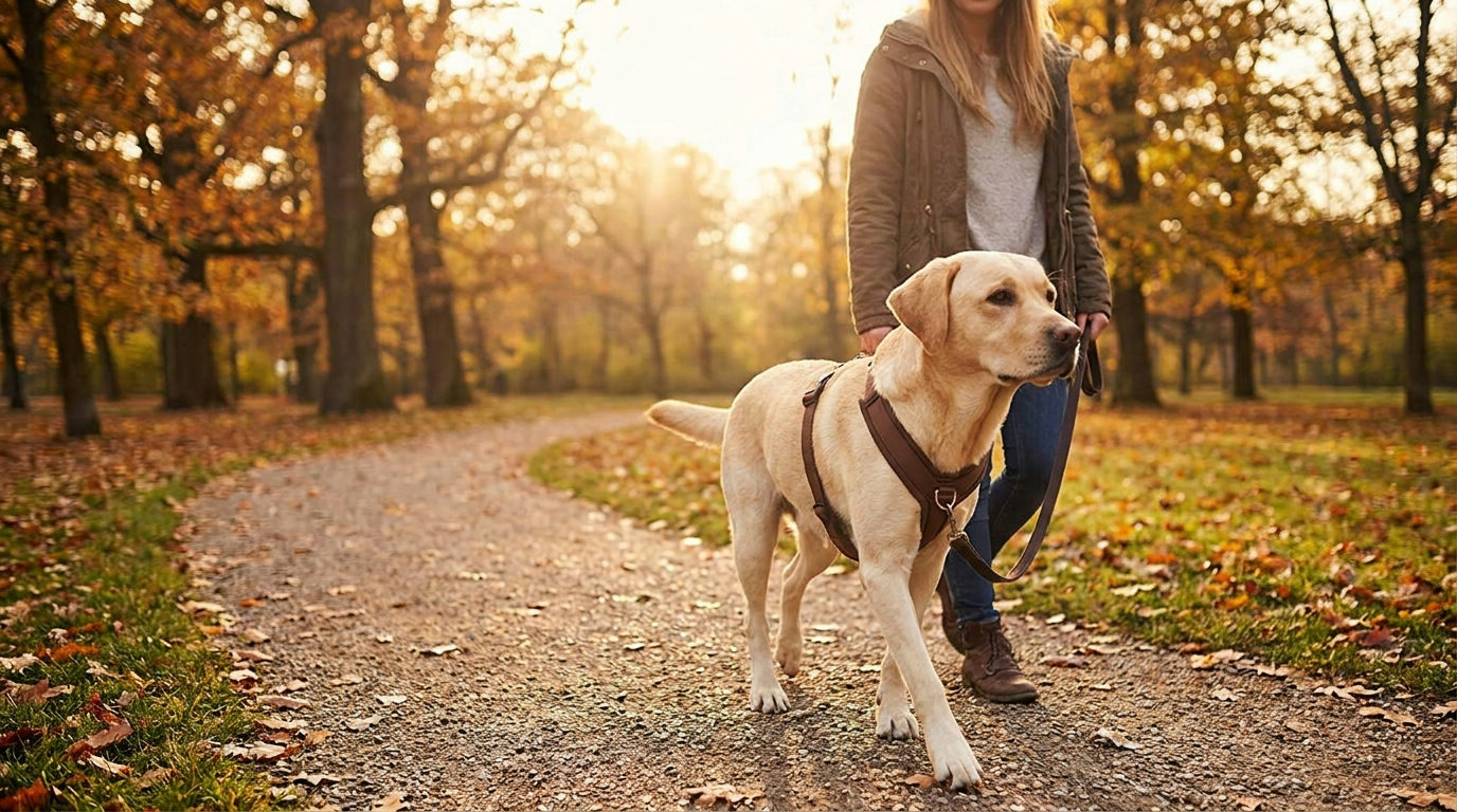 Yellow Labrador in a padded front-clip harness walking calmly in a park, illustrating a harness for a Labrador