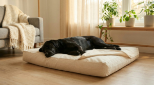 Black Labrador asleep on a large natural canvas bed, illustrating a sustainable dog bed