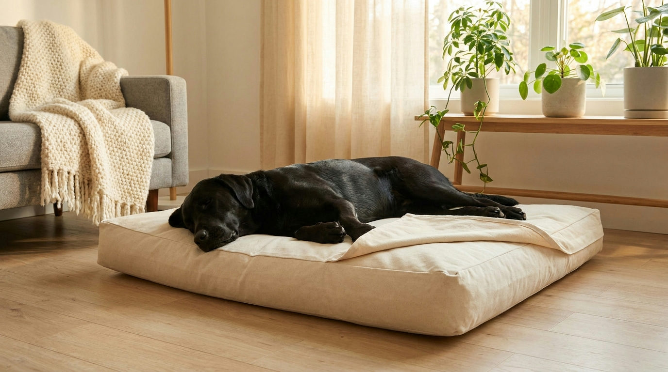 Black Labrador asleep on a large natural canvas bed, illustrating a sustainable dog bed