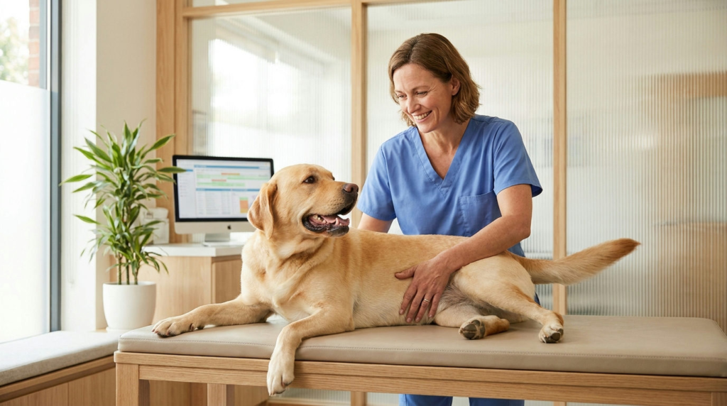 Veterinarian performing Labrador genetic health testing on a yellow Labrador Retriever