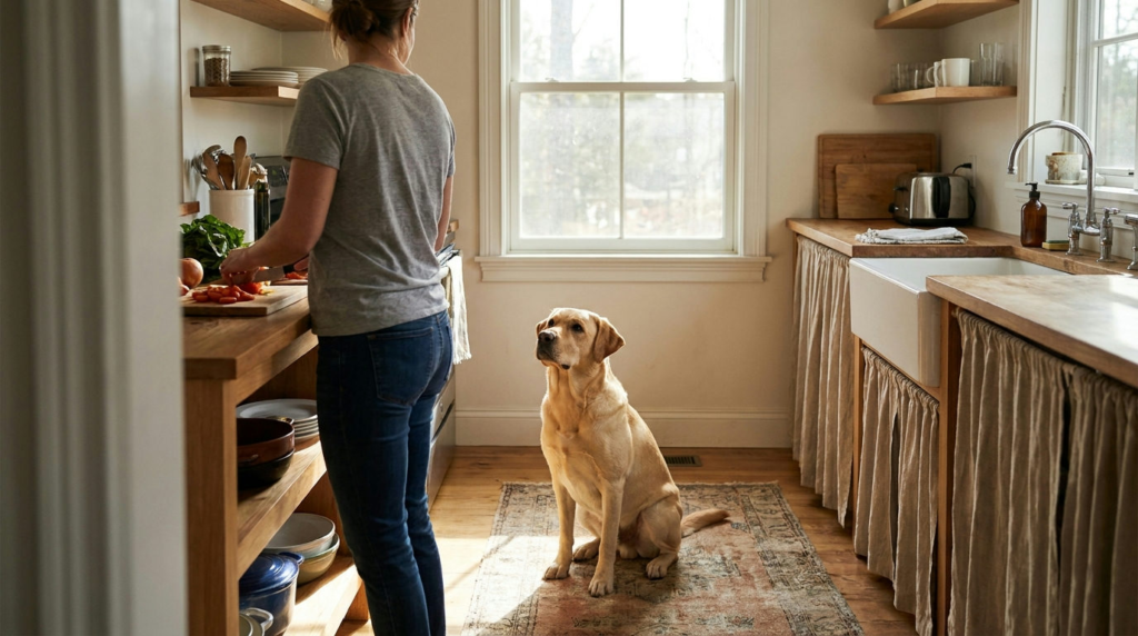 Yellow Labrador with the POMC gene watching its owner prepare a measured meal