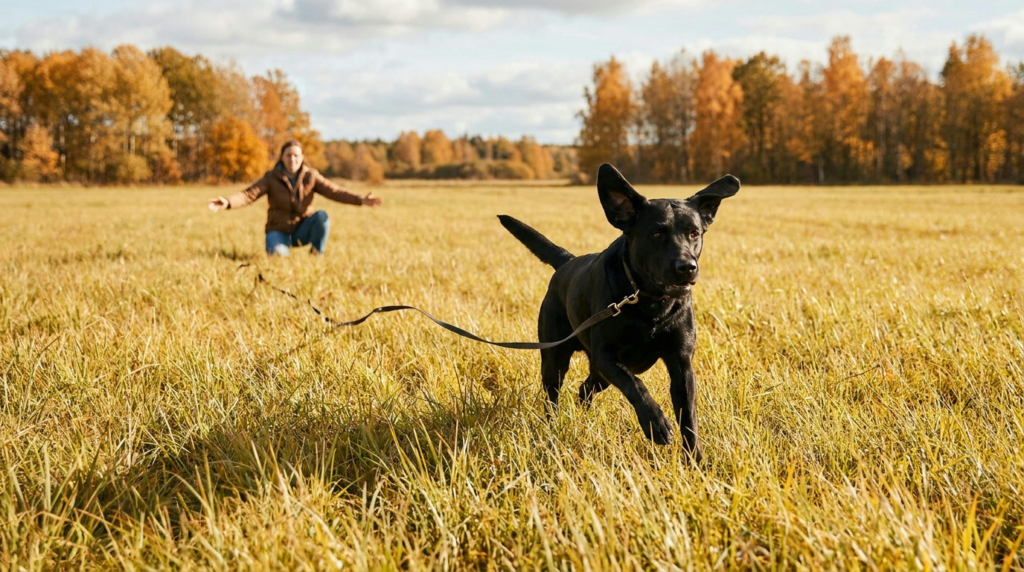 Black Labrador running back to its owner on a long line in a field, illustrating Labrador recall training